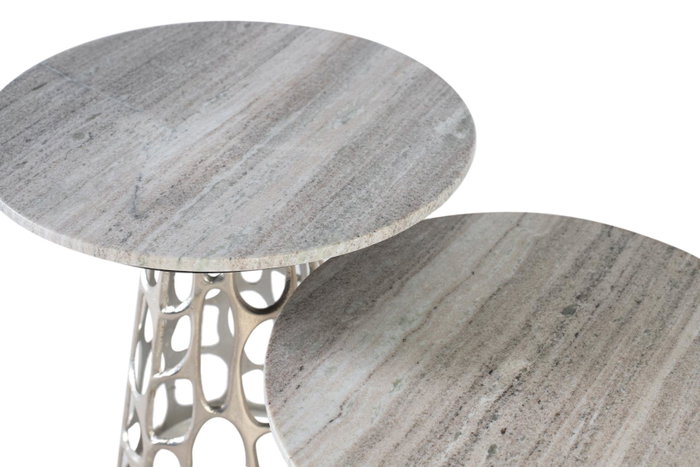 GINER Y COLOMER - Lot de 2 tables basses avec plateau circulaire en marbre et base en aluminium nickelé, gris et aluminium